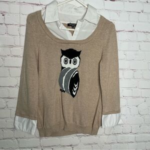 Notations Womens Sweater Faux Collar‎ Cuff Knit Owl Print Top